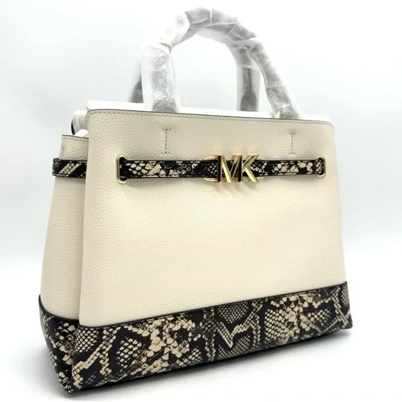 Michael Kors Large Reed Leather Belted Satchel Crossbody Bag Cream Snakeskin - Picture 3 of 11